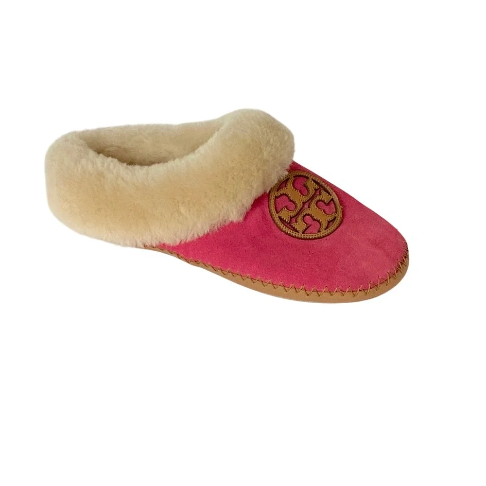 Tory Burch Pink Suede Shearling Lined Slippers Double T Logo Size 7M